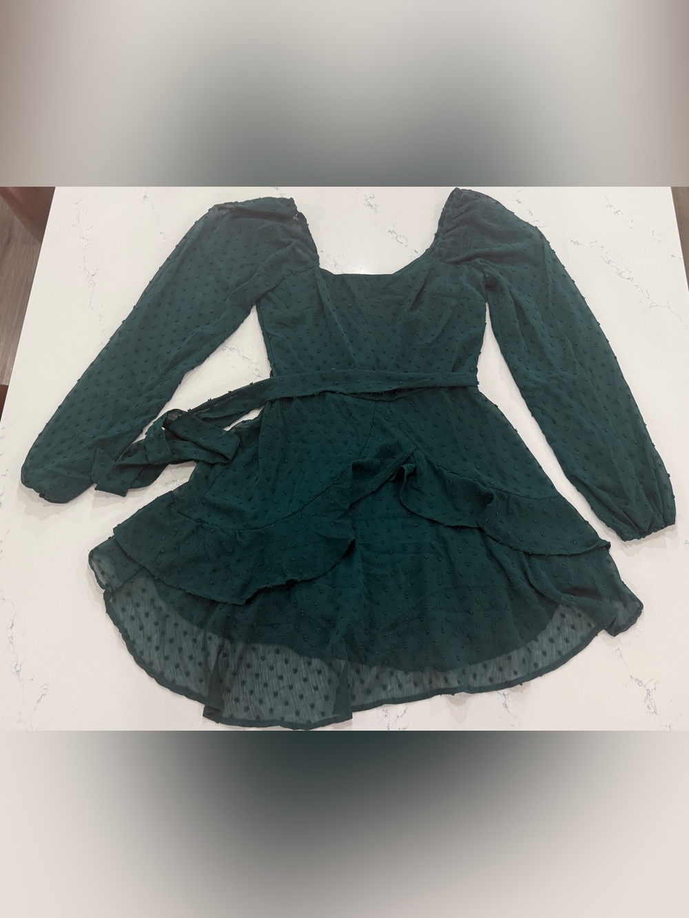 Francesca's Collections Dark Green Swiss Dot Ruffle Mini Dress